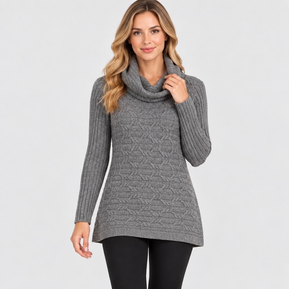 u-knit Womens L Gray Cowl Neck Tunic Sweater Cable Knit Wool Blend Boho Y2K